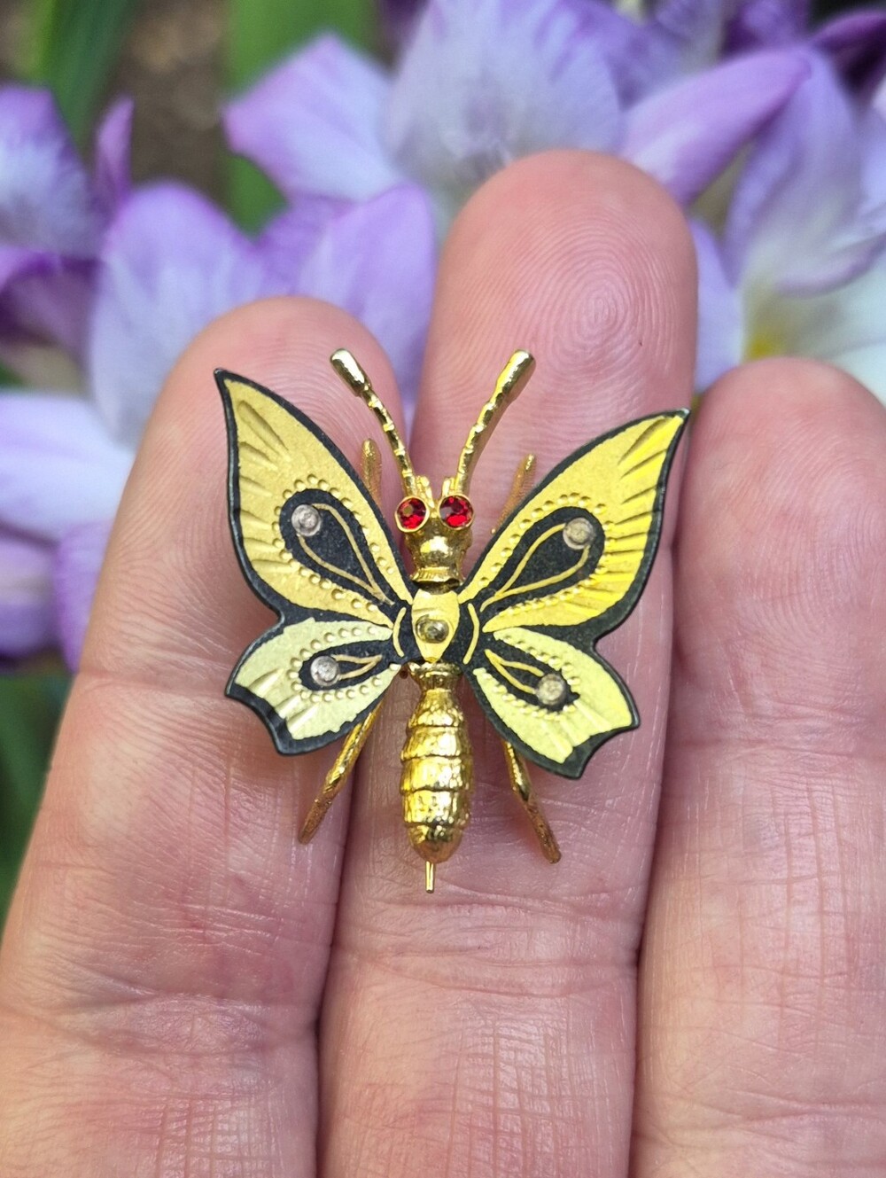 Vintage Damascene Butterfly Red Rhinestone Eyes Gold Plated Brooch 1960s 1.25"
